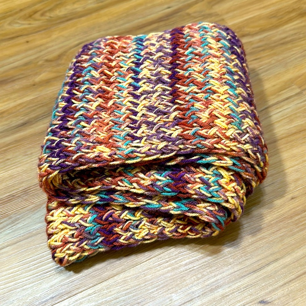 Hand Knit Winter Scarf - Handmade - Brown- Purple- Green